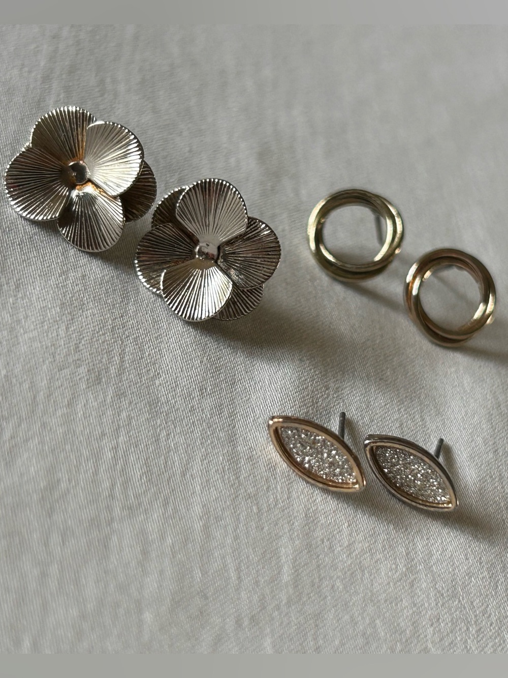 3 Pair Gold Tone Stud Earrings Bundle Flower Circle Druzy Marquise